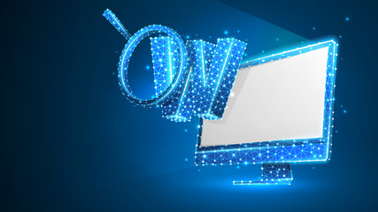 Letter w, magnifying glass on white computer monitor. World wide web analysis, domain search, www address concept. Abstract, digital wireframe low poly mesh vector blue neon 3d illustration. Line, dot