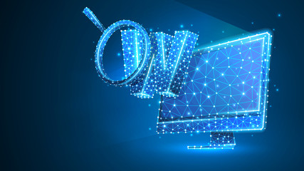 Letter w with magnifying glass on computer monitor. World wide web analysis, domain search, www address concept. Abstract, digital wireframe low poly mesh Raster blue neon 3d illustration. Line dot