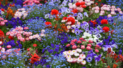 Beautiful flowerbed of different types of flowers such as daisies, violets, close-up, selective focus