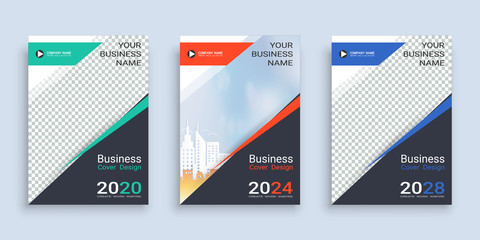 Poster cover book design template in A4 layout with space for photo background, 3 Color ways included, Use for annual report, proposal, portfolio, brochure, flyer, leaflet, catalog, magazine, booklet.