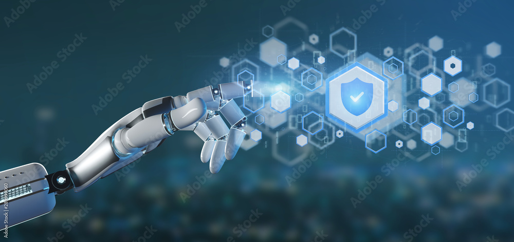 Poster cyborg hand holding a shield web security concept 3d rendering