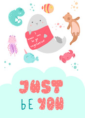 World Ocean Day. Animal protection. Kawaii sea animals. Illustration in flat style.
