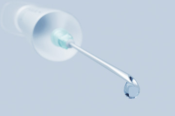 Syringe with a thin needle and drop, closeup on white background. Render 3d illustration