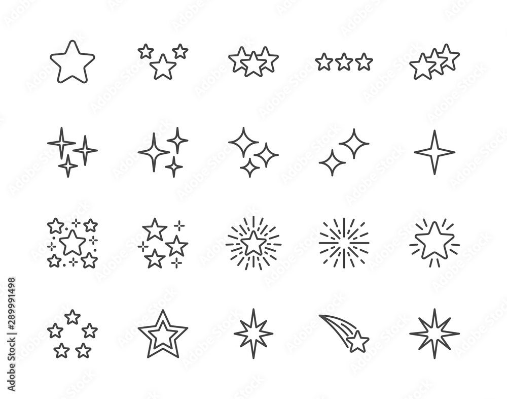 Wall mural stars flat line icons set. starry night, falling star, firework, twinkle, glow, glitter burst vector