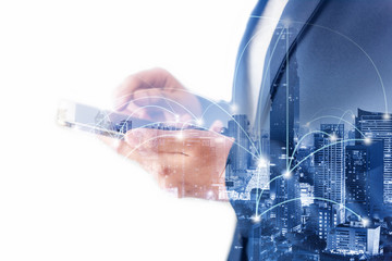 Business Technology Telecommunication and Communication 5G Network Connection Concept, Double Exposure of Businesswoman Using Mobile Phone With Graphic Media Screen and Cityscape Skyscrapers