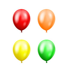 Multi-colored balloons isolated on white background. Glossy red, orange, yellow and green 3D realistic helium balloons. Vector concept for banner, cards and other designs.