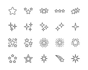 Stars flat line icons set. Starry night, falling star, firework, twinkle, glow, glitter burst vector illustrations. Outline signs for glossy material property. Pixel perfect 64x64. Editable Strokes