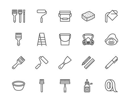 Painter tools flat line icons set Home renovating equipment roller paintbrush ladder masking tape, respirator vector illustrations. Outline signs interior design. Pixel perfect 64x64 Editable Strokes