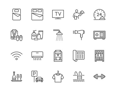 Hotel room facilities flat line icons set. Double bed, reception, room service, bathrobe, slippers, safe, minibar vector illustrations. Outline signs for motel. Pixel perfect 64x64. Editable Strokes