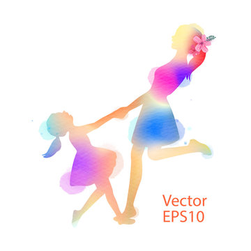 Happy mother's day. Side view of Happy mom with girl dancing together  silhouette plus abstract watercolor painted.Double exposure illustration. Digital art painting. Vector illustration.