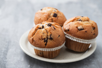 muffins with chocolate on white dish on ceramic background