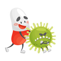 Cartoon pill pushes a microbe in the back. Vector illustration on a white background.