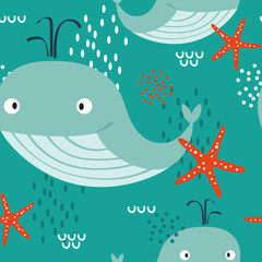 Happy whales, sea stars, hand drawn seamless pattern. Marine background vector. Colorful illustration, overlapping backdrop. Decorative cute wallpaper, good for printing