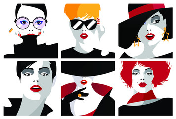 Group portraits of fashion women in style pop art. Fashion collage