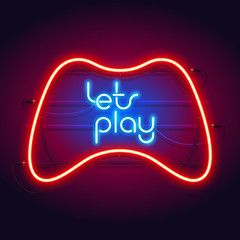 Colorful neon let's play sign with game controller for your projects in retro-futuristic style. © Voysla