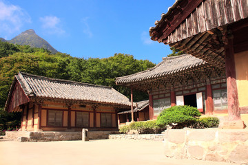 Pavilions in ancient Buddhist temple Woljeong, North Korea