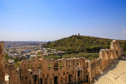 View from the Acropolis of Athens to the city and Philopappos Monument at Filopappou Hill, Greece