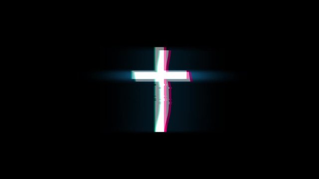 Church Cross Christianity Religion Symbol on Glitch Led Screen Retro Vintage Display Animation 4K Animation Seamless Loop Alpha Channel.