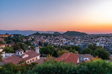 Summer sunset cityscape from Nebet tepe Hill in Plovdiv city, Bulgaria. Panoramic aerial view....