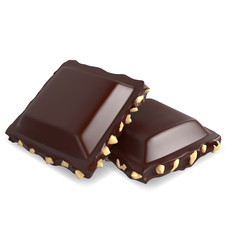 Chocolate pieces with nuts. 3d realistic vector icon. Chocolate bars on white background.
