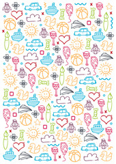Hand draw Kids doodle background. Objects from a child's life.