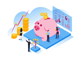 Illustration of business investment, finance, and teamwork concept in modern flat isometric
