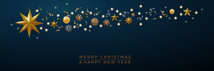 Christmas banner, decorations with abstract comet and star on blue background