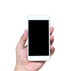 Hand of a man holding smartphone device isolated on white.