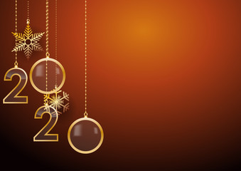 2020 Happy New Year celebrate card with holiday greetings, vector golden hanging text, orange background