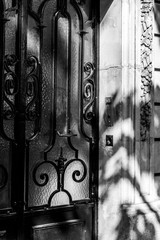 Wrought iron gate. Black ornate gratings of retro door and corner of ancient stone building with relief decorations. Abstract background of blurry shadows on architectural doorway. Black and white