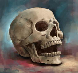Creepy human skull for horror, Halloween or death themed concepts, illustration painting of digital art style