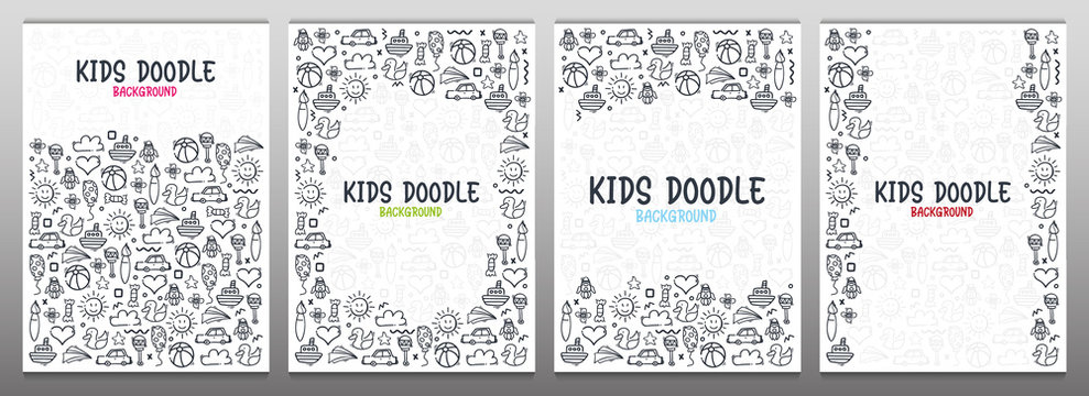 Set of Hand draw Kids doodle backgrounds. Objects from a child's life.