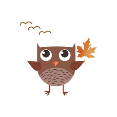 Owl with autumn leaf in hand and flying birds in the sky. Can be used for t-shirt print, kids wear fashion design, baby shower invitation card.