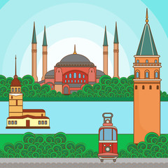 Vector illustration Istanbul with famous turkish landmarks. Travel to Istanbul concept. Illustrations with silhouette symbols of Istanbul in modern flat style.