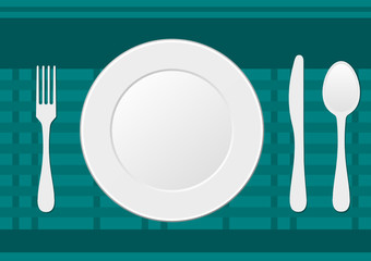 Fork, knife, spoon and plate on the table cloth. Table setting for dinner. Cutlery, tableware, eating utensils. Place setting, arrangement. Teal table cover. Vector illustration, flat lay, top view.