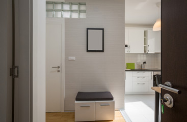 Kitchen interior with dining area in renovated apartment