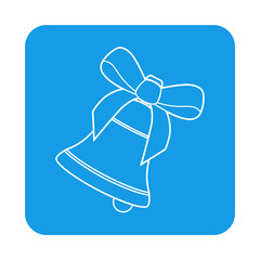 Icono plano lineal campana ladeada con lazo en cuadrado color azul