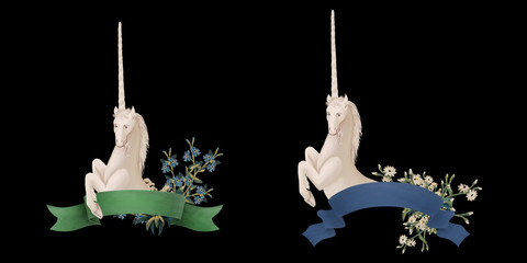 Flower compositions with unicorns in medieval tapestries style, clip art, scrapbooking graphic, elements for design on black background