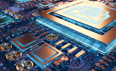 Close-up view of a modern GPU card with Email icon 3D rendering
