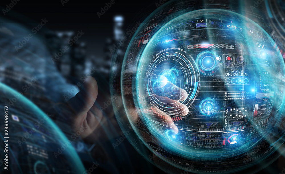 Aufkleber Businessman using digital technological interface with datas 3D rendering
