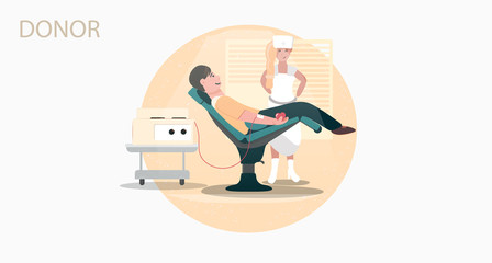 Donor. Young man is giving blood. Illustration in flat and cartoon style. Female doctor. Kindness and care concept. Volunteer. Hospital.