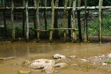 Old wooden bridge in the remote village of Nong Khiaw in Luang Prabang, Laos