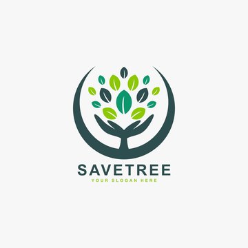 Hand tree logo design vector. Plant care illustration sign. Green leaf in circle vector icons.