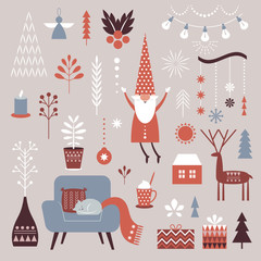 Set of Nordic Christmas graphic elements, cozy cute decorative illustrations