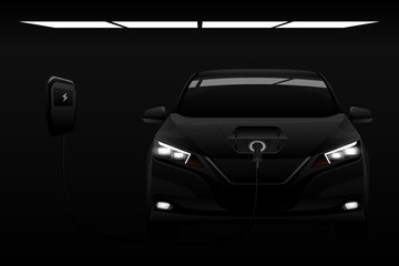 Fototapeta na wymiar Black electric car with a charging station in the dark. Vector illustration EPS 10