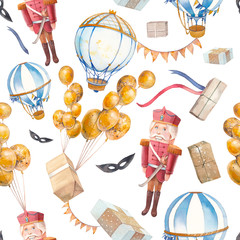 Watercolor kids seamless pattern. Vintage toys, hot air balloons, garlands, presents. Boy greeting wallpaper design.