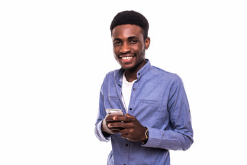 Business man texting on his mobile phone isolated over a white background