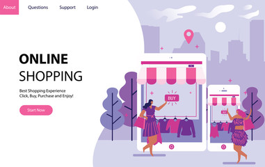 Online shopping concept with women buying some stuff in internet form smartphone and tablet. Landing modern page template vector illustration - Vector