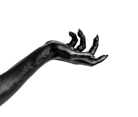 Black painted hands with long nails isolated on white background