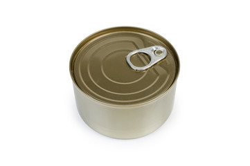 Sealed round tin can of canned fish on white background